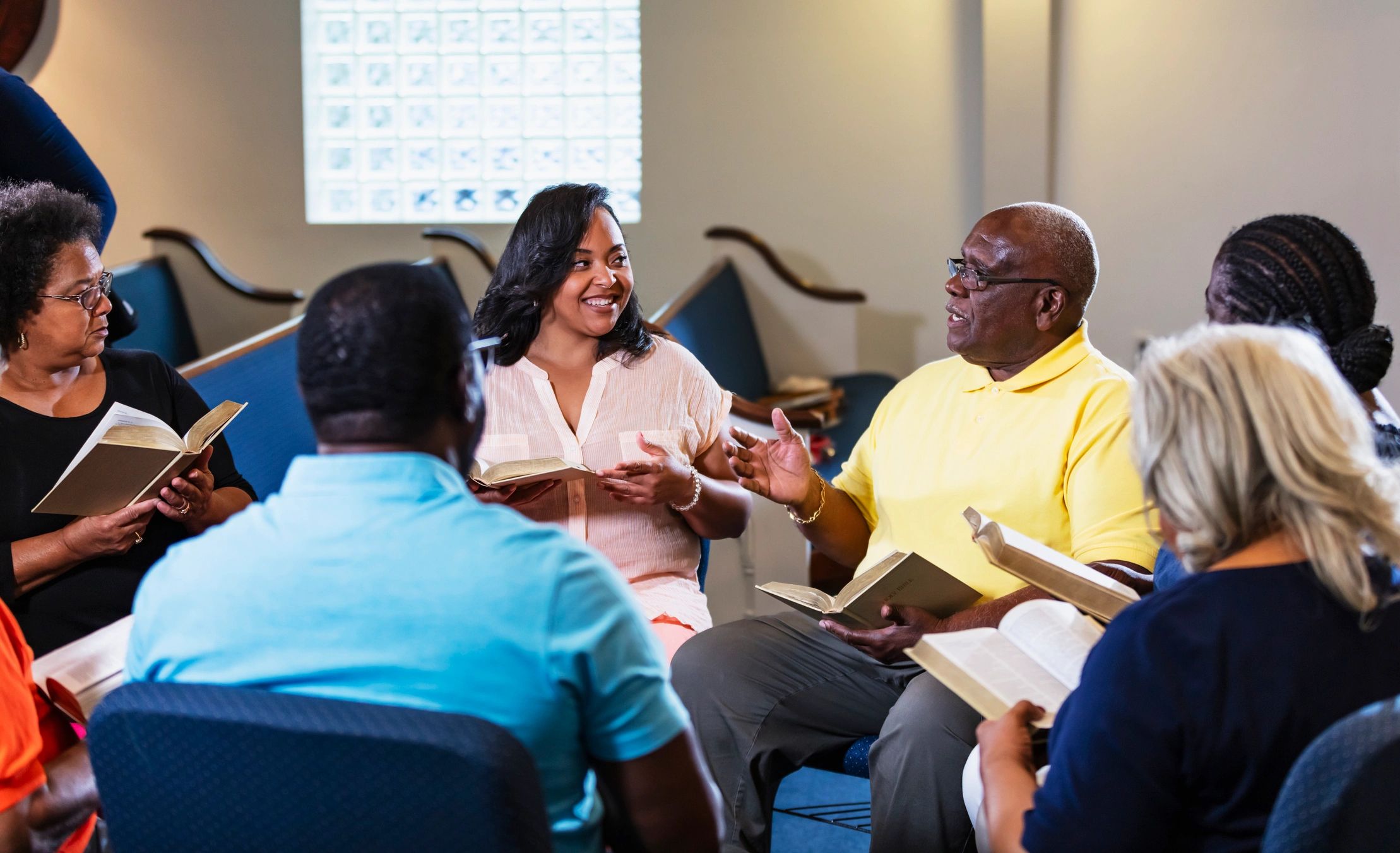 Small group Bible study discussion in a circle